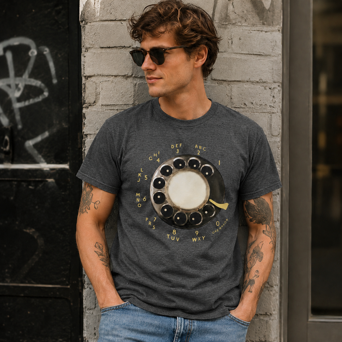 Vintage Rotary Phone Dial Pattern T-Shirt--VINT011