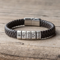 Personalized Mens Leather Bracelet with Silver Beads