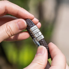 Personalized Mens Leather Bracelet with Silver Beads