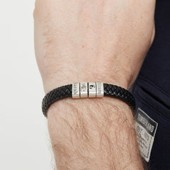 Personalized Mens Leather Bracelet with Silver Beads