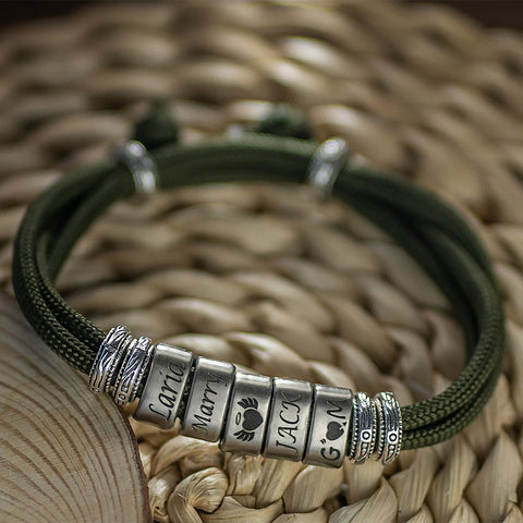 Personalized Mens Bracelet, Engraved Name Beads, Nylon Cord Adjustable Bracelet