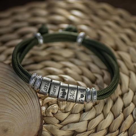 Personalized Mens Bracelet, Engraved Name Beads, Nylon Cord Adjustable Bracelet
