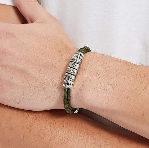 Personalized Mens Bracelet, Engraved Name Beads, Nylon Cord Adjustable Bracelet