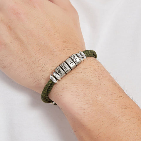Personalized Mens Bracelet, Engraved Name Beads, Nylon Cord Adjustable Bracelet